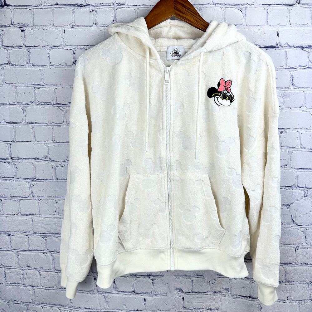 Disney Parks Adult Minnie Mouse Terry Cloth Burnout Zip Hoodie Cream Large*